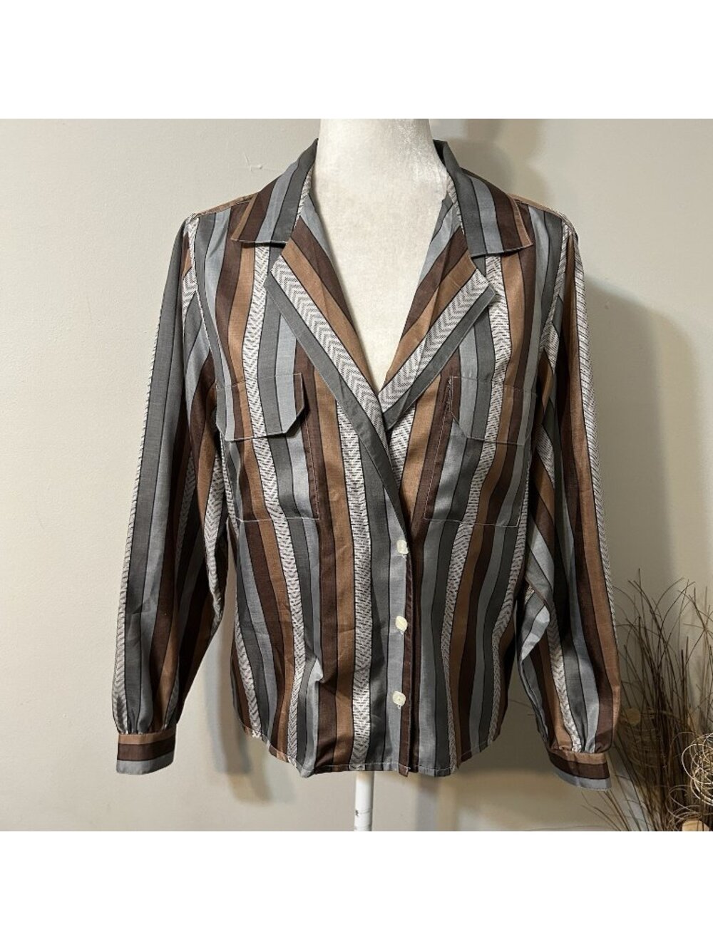 Vtg ‘70s Ship ‘n Shore Women Striped Long Sleeve Collared Button Up Blouse Sz 10